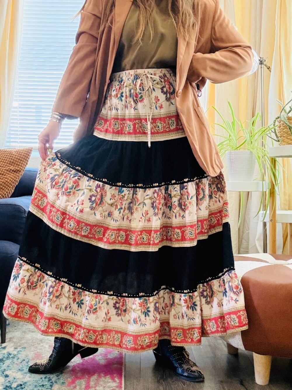 Vintage Prairie Midi Skirt 90s Ronnie Nicole Floral Beaded Flared Peasant M/L